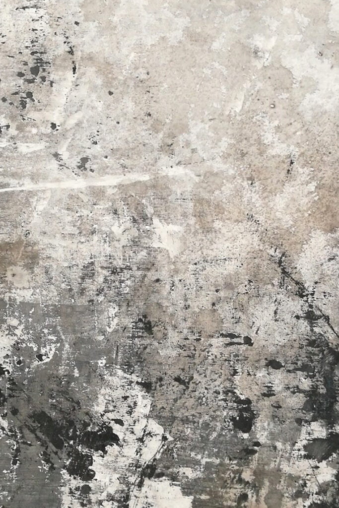 Fondale fotografico dipinto a mano con effetto muro invecchiato e texture materica. Allestimento set con oggetti di scena, cornice e piante su backdrop scenografico